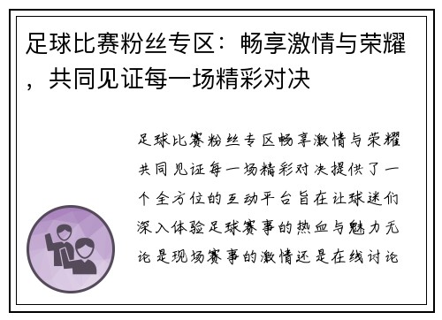 足球比赛粉丝专区：畅享激情与荣耀，共同见证每一场精彩对决